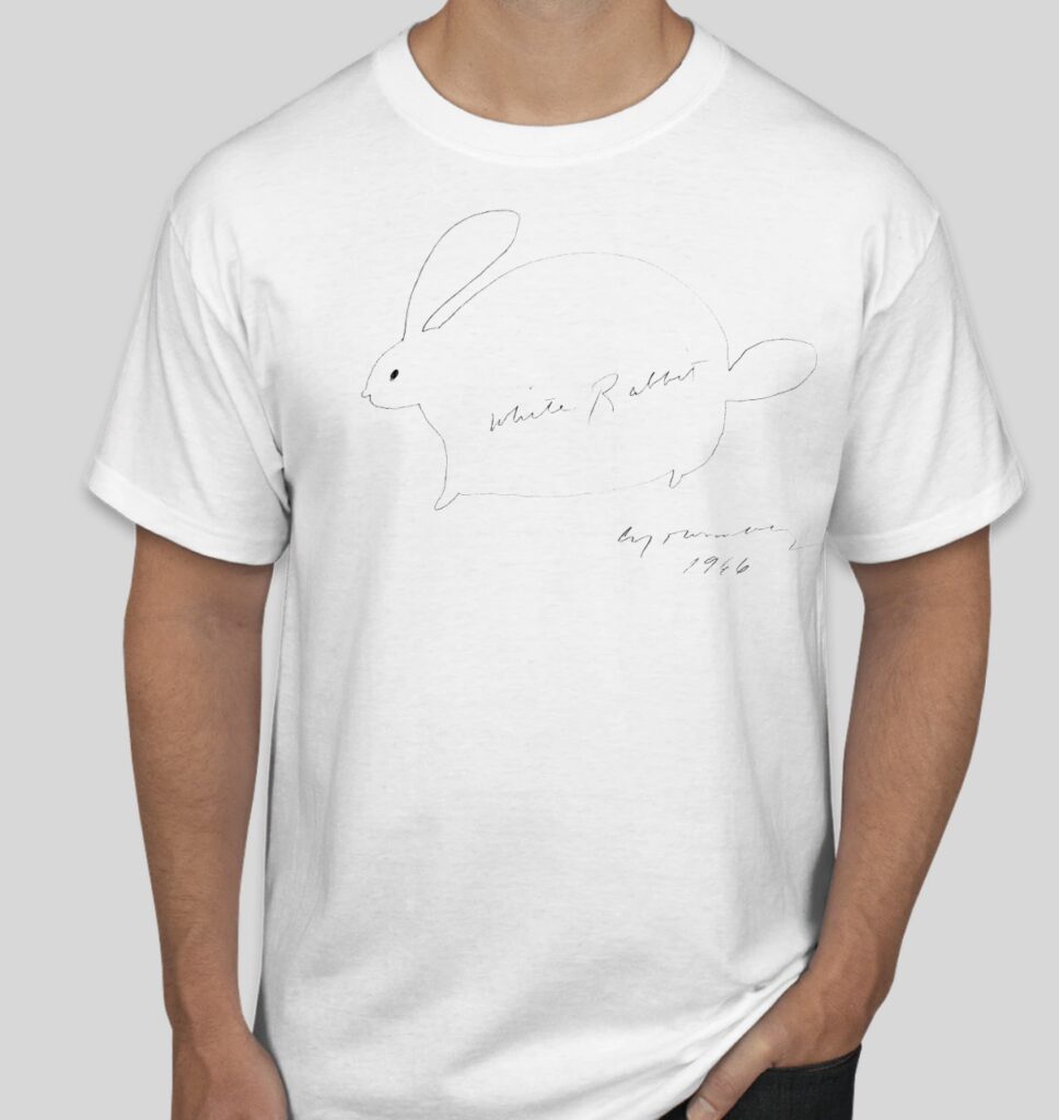 a headless white guy wearing a white t-shirt with a line drawing of a rabbit by cy twombly printed on the front of it from spring/summer 2021