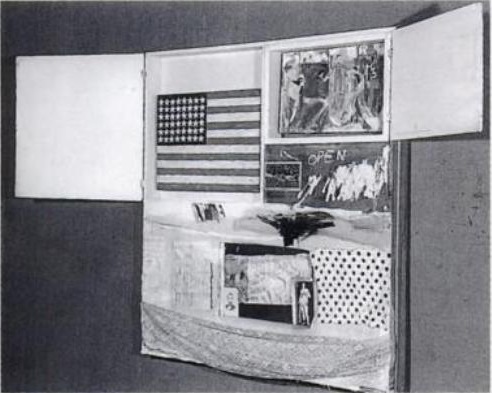 robert rauschenberg, short circuit, 1955, a photo of the combine with the cabinet doors on the upper half open, revealing the first jasper johns flag and a painting by susan weil. the black and white image was taken by rudy burckhardt