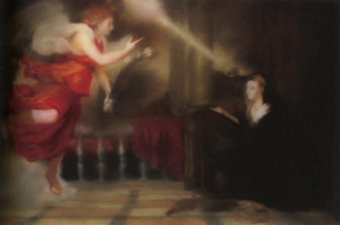 an image of gerhard richter's painting Annunciation after Titian (1973), which is a blurry rendition of a red-robed angel alighting from the left, and a kneeling Mary on the right, set on a classically styled terrace, with beams of light between and around them, but printed and mounted between plexi and aluminum in an edition of 53