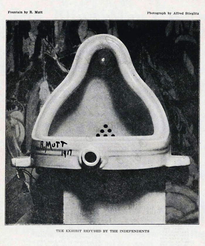 marcel duchamp's fountain, photographe by alfred stieglitz, and published in the blind man, 1917