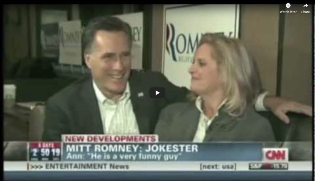 screenshot of mitt and ann romney news clip about mitt being a quote jokester, which is no longer available at this url, even in the internet archive, truly the latter days