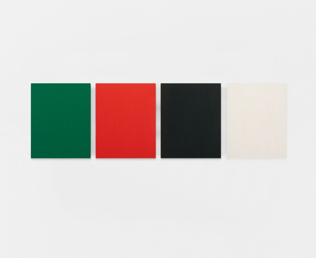 four 20x16 inch panels in a row, close together, each painted a single color from the palestinian flag: green, red, black, white. this 1988 work by felix gonzalez-torres is untitled (forbidden colors), a reference to the israeli government's prohibition on these colors in the occupied territories, a ban which was briefly lifted by the oslo peace accords, but which has been turned into a global hasbara campaign to censor any criticism of israeli genocide and war crimes and to silence any support or bare acknowledgment of the humanity of palestinian people. this painting is in the collection of moca.