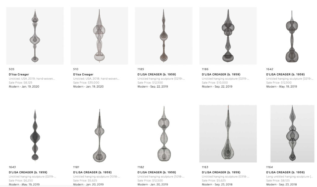 a screenshot of ruth asawa knockoffs by d'lisa creager, all sold at rago arts auction house in new jersey