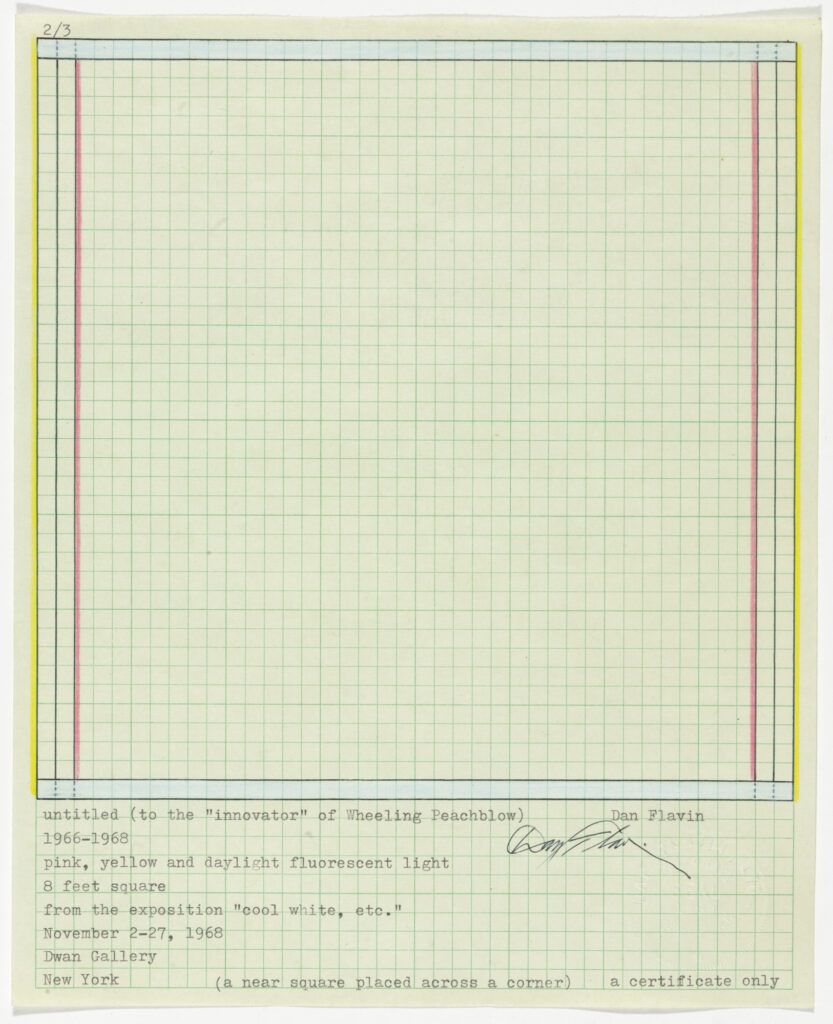 a certificate for a dan flavin sculpture, showing a square of light fixtures drawn on a sheet of graph paper, with the color outlines for each rectangle, and a description, etc. typed below. in moma's collection