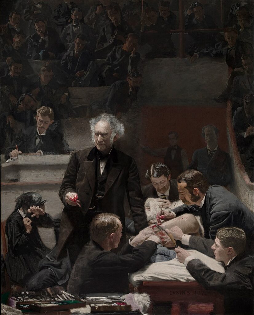 thomas eakins' painting of a 19th century operating theater, with a fuzzy white-haired dr gross holding a scalpel in his bloody right hand and looking around the theater, while three male assistants are arranged around the sliced open thigh of a young boy, we think, with his butt cheek hanging out on the right, and one more attendant where the patient's head must be. there's a woman in a bonnet, wincing, and covering her face with clawing hands, probably the kid's mom, and an unconcerned dude in row one, upper left of the canvas, taking notes. moody, naturalistic, and gross. pun probably intended.