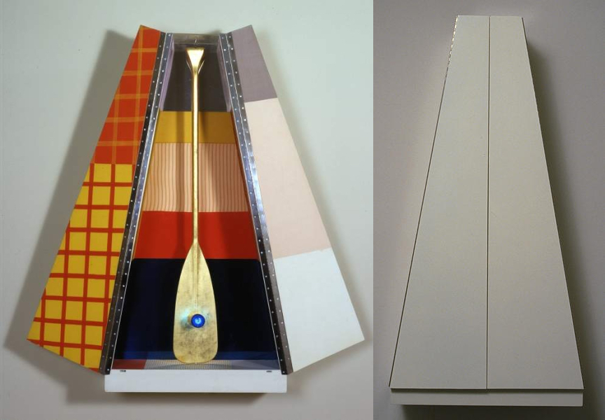 tall rhombus shaped cabinet sculpture painted with beige lacquer on the outside, and lined with a variety of geomtric print fabrics on the inside, with a gold leafed oar in  the center, with a blue light bulb in the center of the paddle. just wild.
