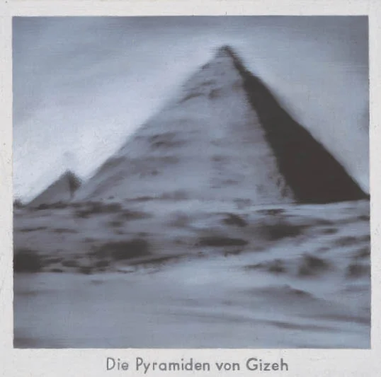 a painting of a black and white photo of the pyramids of giza blurry and with the caption in german, like it was a clipping from a book or brochure, by gerhard richter