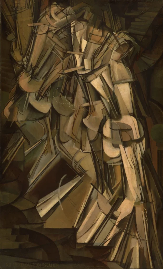 marcel duchamp's nude descending a staircase tracks the cubist, overlapping, fractured motion of a human figure painted in beiges as it descends from upper left to lower right, against a darker brown background. at the philadelphia museum of art