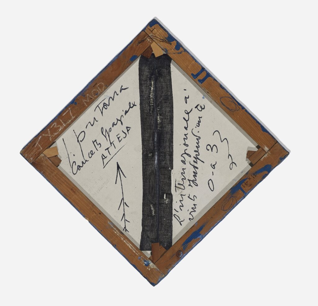 the verso of a diamond-shaped fontana found at a flea market, then authenticated then disclaimed, with the black fabric tape covering the slash has been frayed and pierced. signature, title, and other text in fontana's quick cursive, via wright20