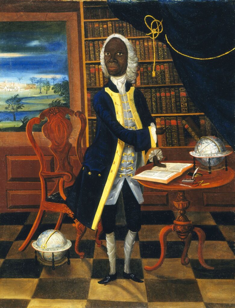 an 18th century portrait of francis williams, a Black Jamaican gentleman and Newtonian physicist in his study, with a landcape of Spanish Town in the window behind him. Williams wears a white wig and a blue and gold coat, and stands full length between his mahogany table and chair. there are globes on the table and floor, a wall of books, some identifiable by title for the first time, and newton's principia open on the table under his hand. a gold cord holding back a deep blue curtain turns out to be knotted in the orbit of halley's comet, which turns out to be visible at perigee in the dusk sky of the landscape. williams thus documented his observation and calculation of the comet's perigee, proving the newtonian model. the painting is at the v&a, and it is due for a major reinterpretation