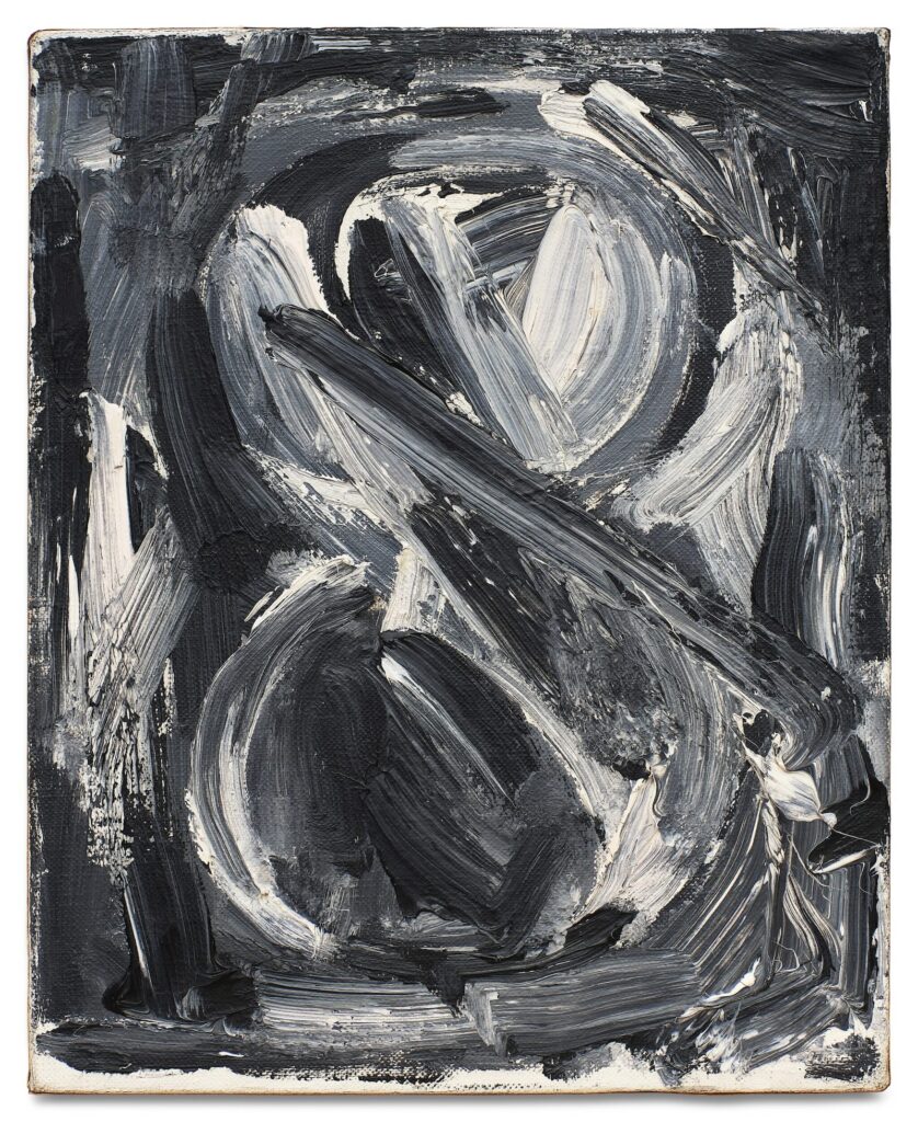 a 10 by 8 inch painting of the figure eight in messily blended black, grey, and white, without a distinct background or foreground object, but an overall abstract painting that also happens to depict a figure 8, was made in 1959 by jasper johns, and is being sold in november 2024 at sothebys