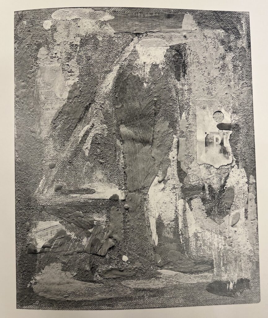 a black and white photo of a 1959 jasper johns encaustic and collage painting of a figure 4, very abstract brushwork with the outlines of the 4 kind of peeking through, it has been missing since 1959, perhaps lost in the shuffle of leo castelli's divorce from his wife ileana and her remarriage to michael sonnabend. via the johns catalogue raisonné