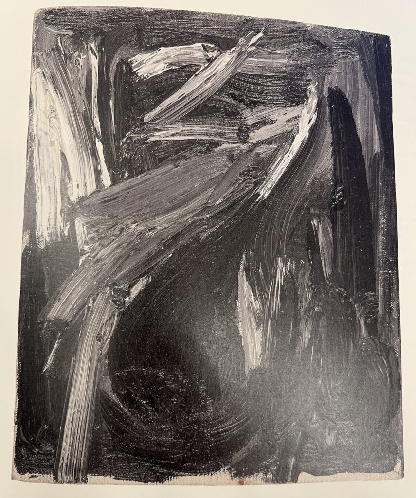 a 10 x 8 in. jasper johns painting of a figure 7, mostly black, dark and light grey and white brush strokes that all but obliterate the form of the number 7, but it shows up just enough, via the johns cr