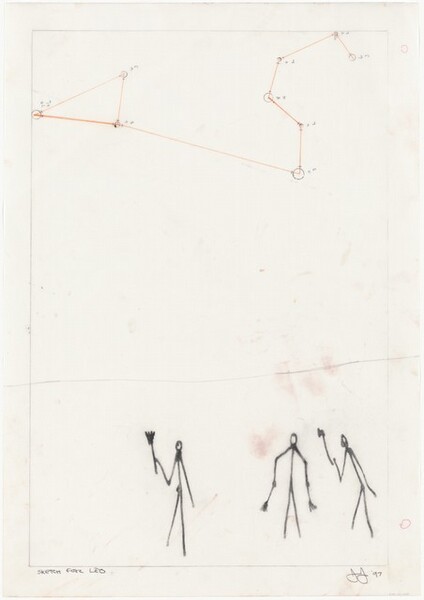 a sketch on mylar by jasper johns titled, sketch for leo 1997, has his three stick figures holding brushes in dark charcoal near the bottom edge, some reddish smudges around them, a faint horizon line above their teeny little heads, and the constellation leo picked out in faint circles and light red lines. this became the etching johns made for leo castelli's 90th birthday portfolio. it is in the collection of the national gallery of art, but not, i believe, in the artist's drawings cr, which i am certain i scoured for stick figures