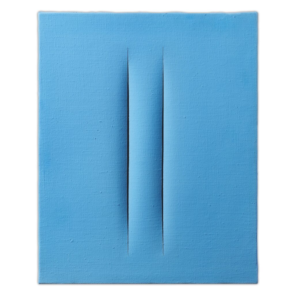 a light blue lucio fontana concetto spaziale with two parallel slashes in the center, a typical fontana you'd find anywhere, though this was sold in milan in nov 2024 at il ponte