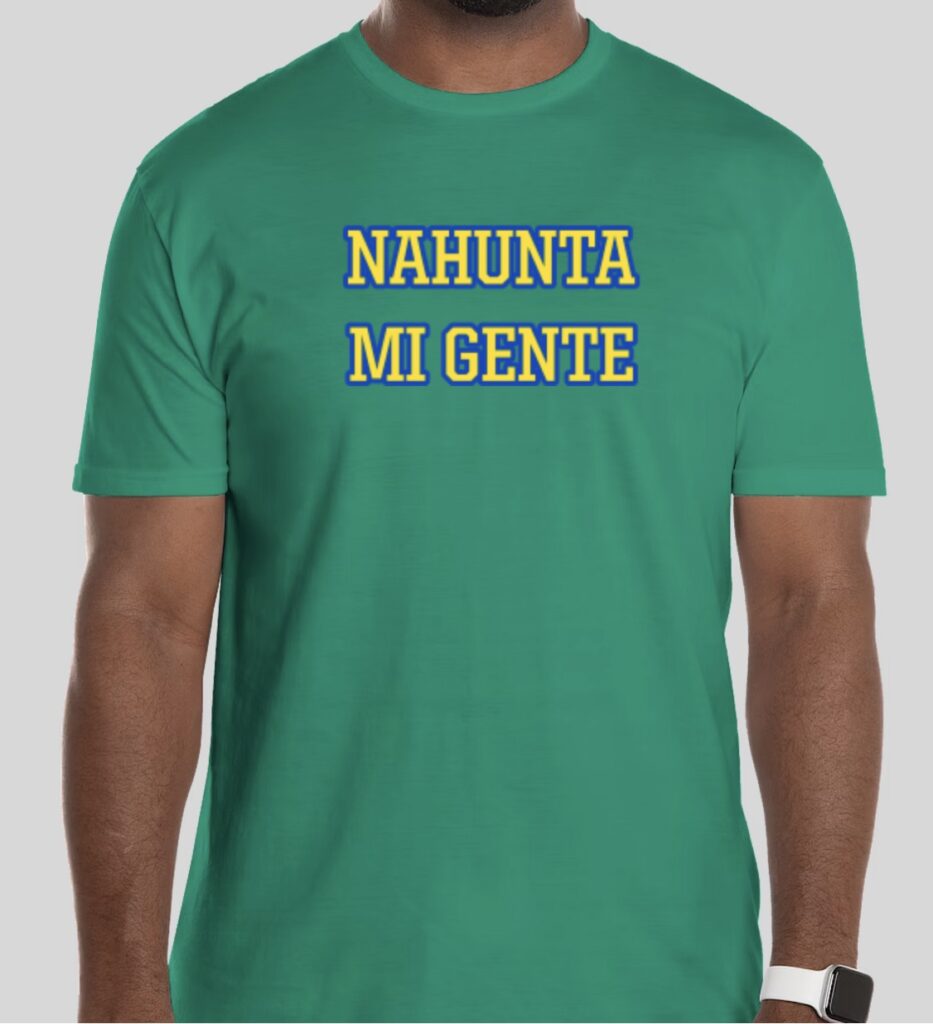 a light brown-skinned male torso wears a kelly green short sleeved t-shirt with nahunta mi gente in blue and yellow text across the chest, a mockup for a design based on a tumblr comment that popped into my head upon seeing the name of a rural north carolina town where some of my ancestors once lived in the caption of a photo.