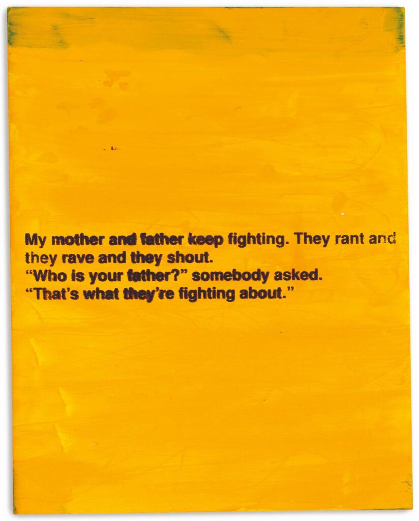 a richard prince painting, 14x11 inches, is painted all over in brushy bright yellow, with splotches of green peeking through from underneath, like a change of plans or a correction. a joke is screenprinted on the center in dark purply black ink: my mother and father keep fighting. they rand and they rave and they shout. who is your father somebody asked. that's what they're fighting about.
I think this one sold at sotheby's a while back, but these little paintings were originally shown at john mcwhinnie's rare book gallery in the 1990s. rip