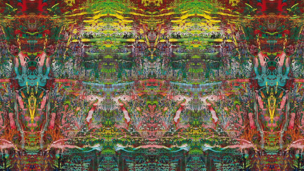 a still of richter and belz's computer animated film, moving picture (946-3) shows mirrored and repeated vertical sections of a richter squeegee painting in reds pinks greens yellows, and some turquoise across the middle. the abstract and random squeegee marks become baroque geometric patterns when mirrored and morphed in varying widths, which is a technique richter began using in strip paintings from 2009-2012, and which he documented in a book, patterns, which provided the impetus for the film. this image is via gagosian, but it's the same one that's been circulating with the work since at least 2019 so