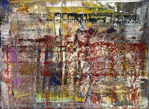 a landscape oriented squeegee painting by gerhard richter from 1990 has a net of red and blue paint across a whitish background, with dark grey and dark blue in the upper corners, and an unusual pink section on the lower left. yellow bands cut across the top and bottom, but the all over sense and proportion is pretty well defined. perhaps richter felt this was a particularly iconic or archetypal painting of the moment, because he used images of it for several editions, and then made a whole series of digitally manipulated works and a book out of vertical strips of it in various pixel widths. it is 724-4 in his CR.