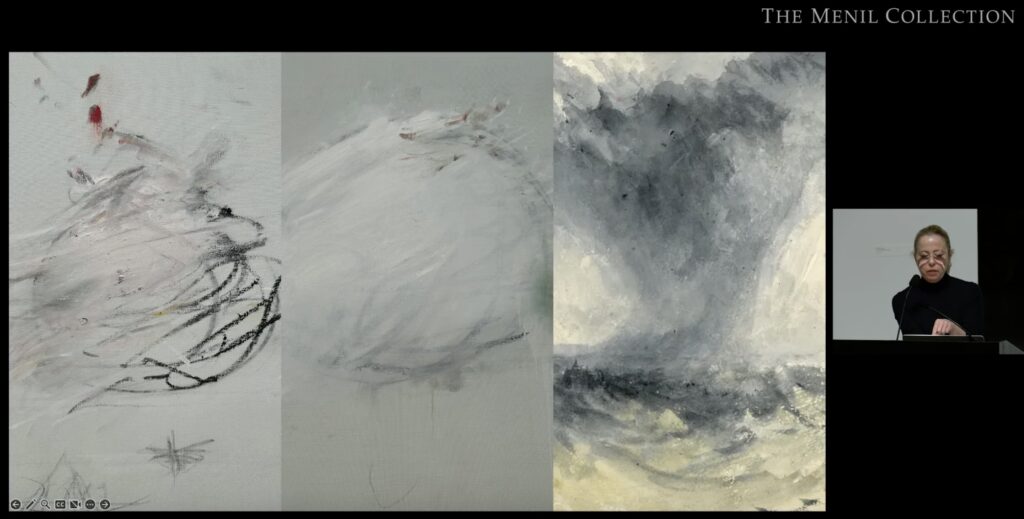 a youtube screenshot of two brushy, obscured blobs, as jenny saville would call them, details from cy twombly paintings, and a detail of a brushy, blurry, atmospheric painting by turner of a dark cloud dumping rain into a darker sea, with jenny saville to the right in a little inset box, from her feb 2024 lecture at the menil collection in houston