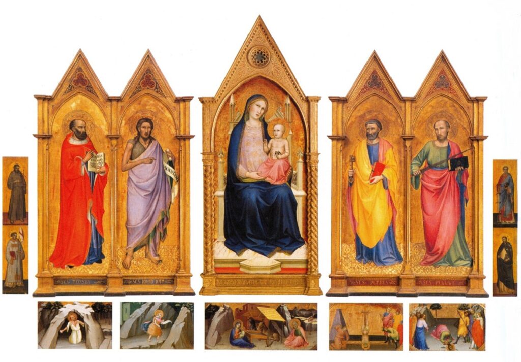 the digitally reconstructed altarpiece by lorenzo monaco for the church of santa maria del carmine in florence has a virgin and child at the center, with two prophets or probably evangelists on either side, all on gold ground with gothic gilded frame elements, and a row of tiny landscape paintings of other saints mostly outdoors, on the predella underneath.