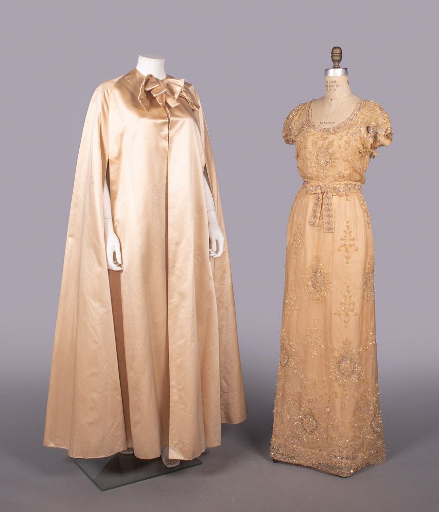 a peach satin cape and a peach beaded and sequined dress on headless mannequins, both circa 1961, from augusta auction's sale on december 3, 2024