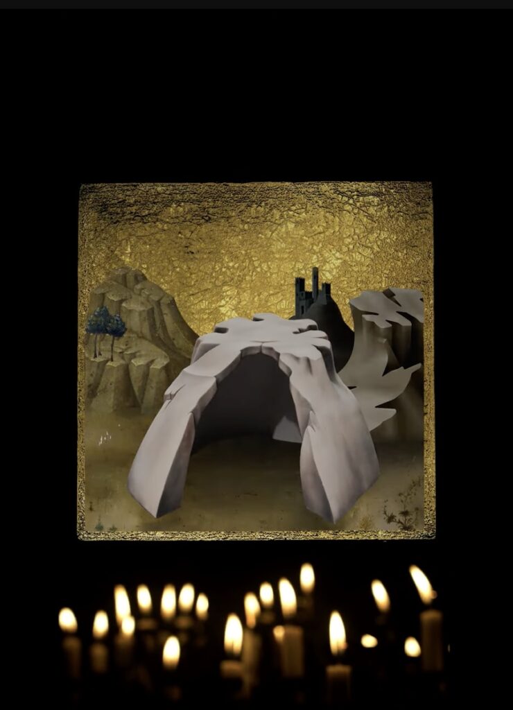 against a dark background of a cell phone video, a square gold leafed icon painted in the style of lorenzo monaco depicts a starkly painted hermit's cave surrounded by other barren rocks, a hilltop town or fortress in the distance. below the painting a cluster of fat votive style candles glow, though the actual light on the painting is not entirely from them. the screenshot from mark leckey's 2022 video, carry me into the wilderness, on youtube