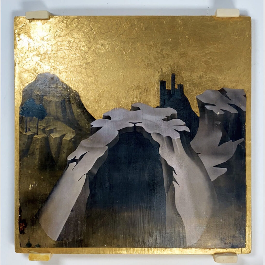 a square painting of oil on gold leaf on panel by mark leckey which is centered on the unusual dome/hut-shaped cave from lorenzo monaco's st jerome, which is flanked by stone outcroppings on either side, and with three towers of a hilltop town or cirtadel small in the background. the square format gives much more room for a gold ground sky. from mark leckey's bandcamp