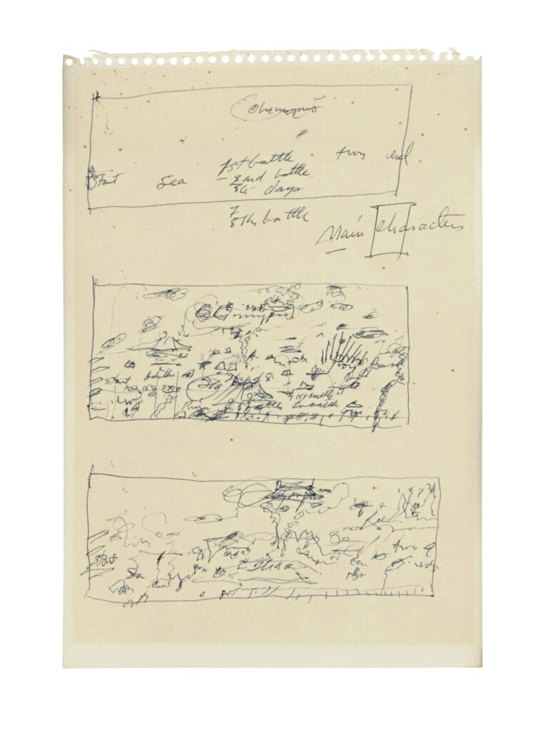 a sketch by cy twombly on a sheet of perforated notebook paper has three landscape oriented boxes filled with marks, notes, preparatory sketches for working out a composition that involves mount olympus. not sure how he used these, but they were at his friend willie's paris apartment and sold by artcurial in 2022