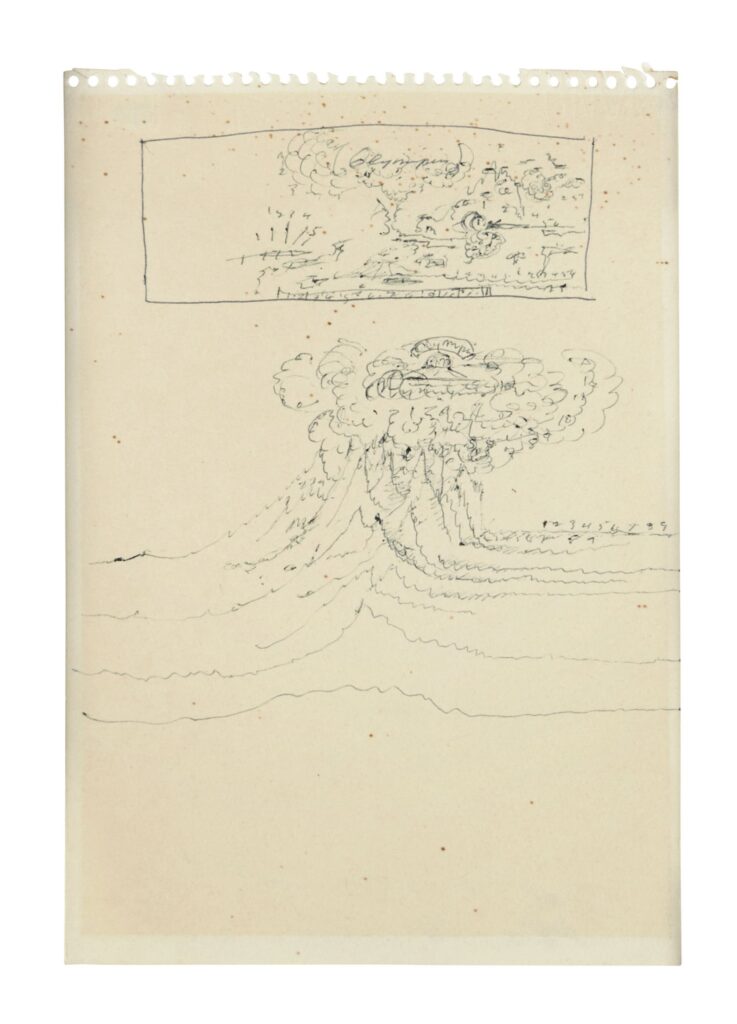 a notebook sheet drawn by cy twombly shows one landscape composition in a rectangle, with indecipherable marks and text in it, and then a full-scale drawing of mount olympus surrounded by clouds and such, more representational than you'd expect for twombly. sold by artcurial