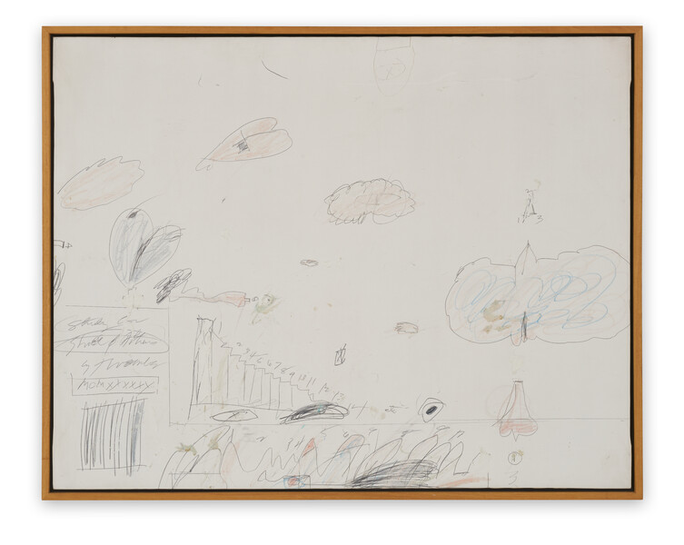 this framed 1960 work by cy twombly called study for school of athens  has some cloud like forms above, and a cluster of bar charts vertical elements, and some roughly drawn texts or mountains or something on the bottom. in various later works, those volcano like mountains stood in for penises, but that'd be a lot of penises, even for twombly. via hauser & wirth