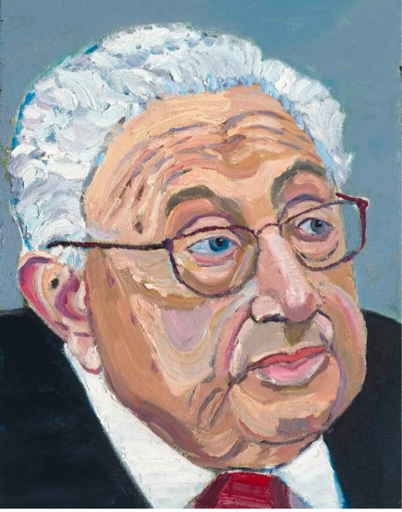 trademark george w bush painting of a hideous looking henry kissinger, with white and blue hair, splotchy skin that somehow evokes trump's terrible application of makeup in real life, droopy ears, massive jowls, no neck, with kissinger looking off to his left. this was copied from a photo of the very very old kissinger, but i'm not going to look it up. bush included it in his book, of many, one, america's immigrants. in case anyone wanted evidence that alien war criminals are indeed invading our country, they'd have started here but that's never the point is it.