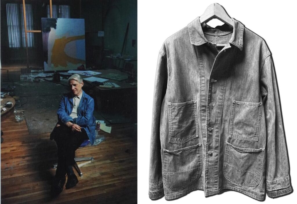 two images side by side: dan budnik's 1962 photo of willem de kooning sitting relaxed on a chair in his darkened but dramatically lit loft studio, an unfinished abstract painting in the background, but the focus here is on the denim work coat the artist wears over his white collared shirt; on the right, a black and white photo by megan craig of willem de kooning's denim work jacket, nearly identical to the one in the budnik portrait, but from a few years later, 1974, when de kooning gave it to an artist friend's wife to stay warm on the beach in east hampton, and it eventually made its way to craig, who wrote about it in december 2024 for the yale review