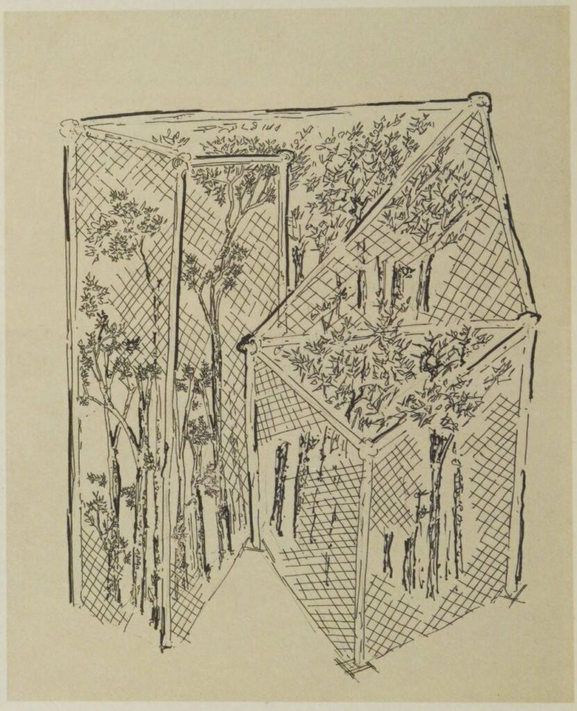 a gordon matta clark drawing titled untitled rosebush from 1972 seems like a proposal to build a tall and convoluted chain link fence enclosing a group of trees, perhaps a proposal for the park in front of the church where he installed a cage around a rosebush.