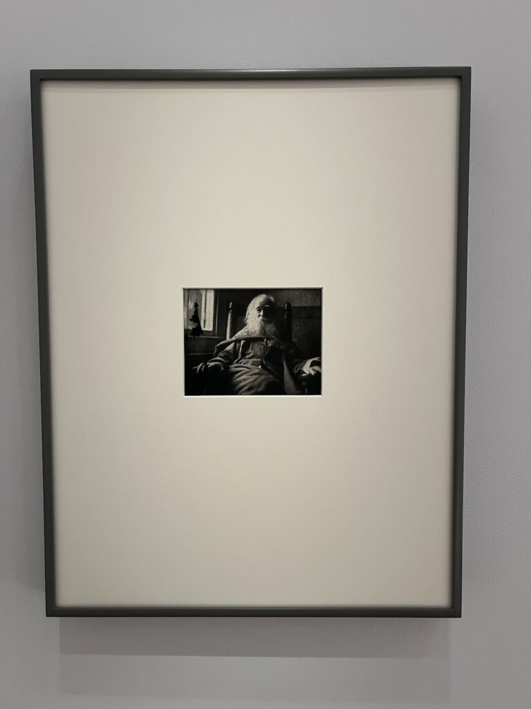 a dark black and white photo by thomas eakins of an ancient walt whitman in dark fit and scraggly white beard and hair, with a small window letting in some light over his right shoulder, exhibited at the national portrait gallery in a pairing with works by felix gonzalez torres, because whitman is considered, to quote the wall text, felix's queer ancestor