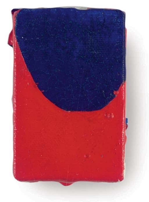 an untitled sam francis painting is barely bigger than a matchbox, 3 x 2 inches, with a dark blue curved form, like the tip of a shoe, coming about halfway down the red canvas, though it's not obvious that one color is a background. tiny drips and unpainted edges on the sides of the stretched canvas give it its pronounced 3d shape.