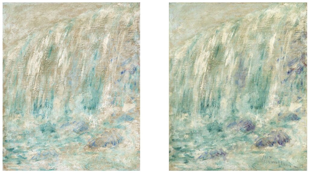 two images side by side by american impressionist painter john henry twachtman depicting a tight, vertical section of niagara falls, almost entirely in faint brushstrokes of green water and white mist, with a couple of grey splotches for boulders at the base. the image on the left is more faded and indistinct, almost abstract, and the difference is especially notable in the intensity of the greens. but it turns out this is the same painting, sold at christie's twice, 23 years apart, in 2001 and 2024, and so it's either faded or has been cleaned and treated in such a way that it stripped much of the paint from 2001. we are merely stewards for these objects, people, and i think whoever stewarded this one left it in the sun too long. notably, it sold for $58k in 2001, and only $40k in 2024, so the market seems to have agreed.