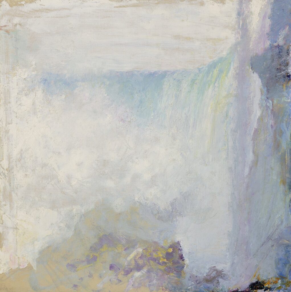 a square painting of a closeup view of niagara falls is dominated by the faint blue green precipice of the falls at top mostly obscured by impressionistic sections of rising mist in white and pale greys. moss colored rocks at the bottom and a jagged outcropping along the right side give some spatial orientation to what must have been a vantage point right up against the bottom of the falls. painted by john henry twachtman in 1893 or 1894, and being sold at christie's in january 2025.