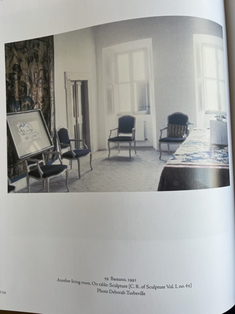 a photo captioned "another living room," by deborah turbeville, of a room at cy twombly's palazzo in bassano, italy. the light through two tall windows washes out the background, and contrasts with the dark four upholstered fauteuils, the dark tapestry on the left wall, and the tapestry-draped table partially cut off on the right. on an armchair on the left rests a framed drawing or collage or something by georges braque. from homes & studios