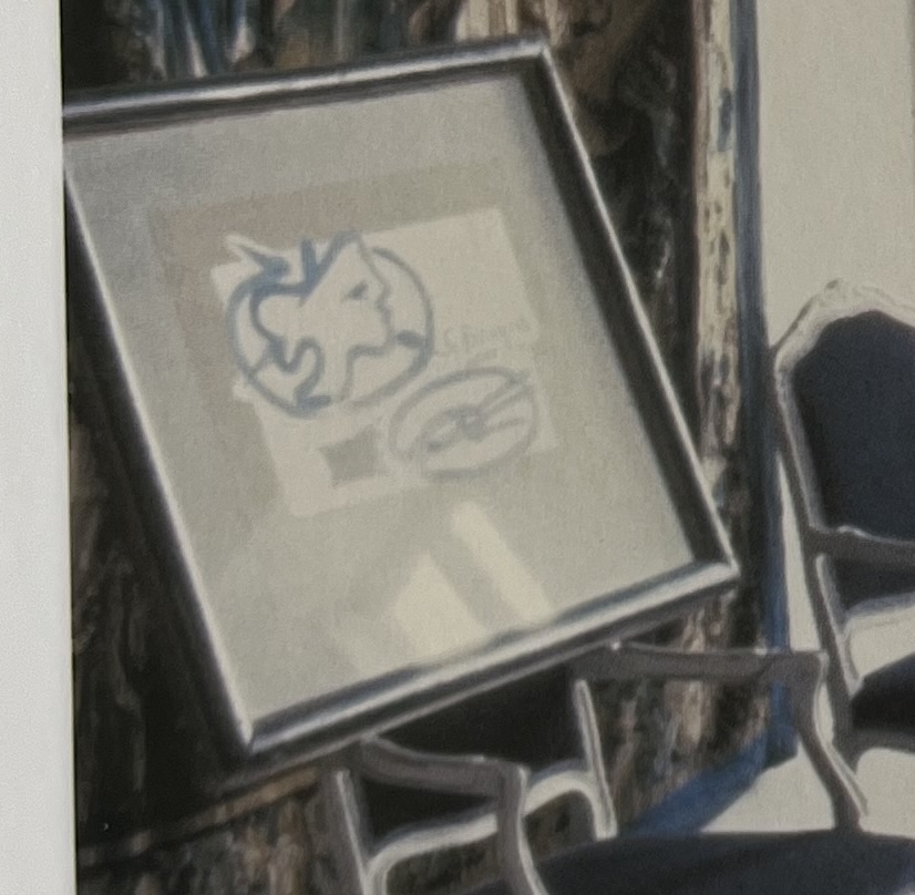 a detail showing the picasso-like drawing in the photo above is actually by georges braque, and depicts the profile of a woman, a motif braque called tete grecque.