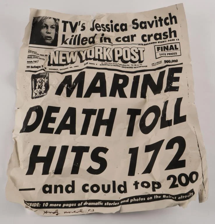 the front page of the ny post from oct 24 1983 printed onto aluminum sheet/foil, and crumpled a bit into a sculpture by andy warhol, which he gave to his boyfriend john gould. after gould died, it ended up in his mother's attic, and after his mother died, who knows? it was not included in her estate sale, even though it was hyped for it.