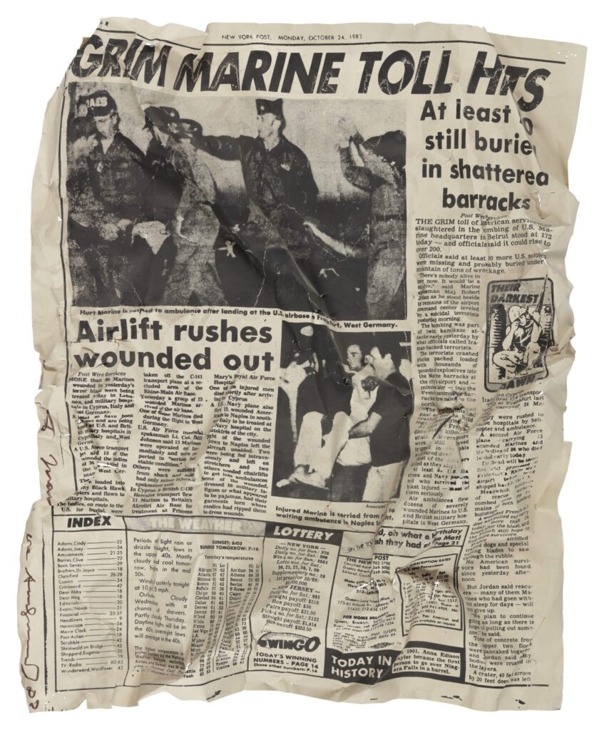 a warhol sculpture that looks like a crumpled piece of newspaper from 1983 with an article about the death toll in the us marine barracks attack in beirut, except it's screenprinted metal sheet. from keith haring's collection via sothebys