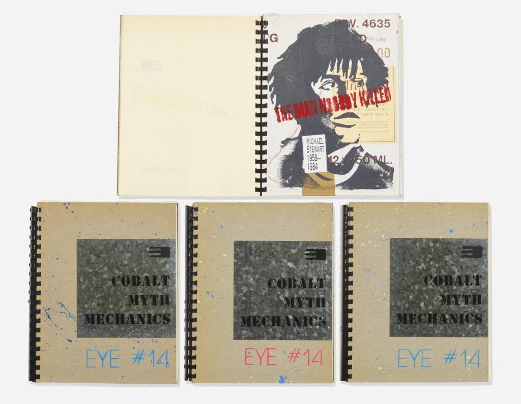 four copies of eye magazine #14, with a cardboard and galvanized steel cover and black spiral binding. three are closed, with the title, cobalt, myth, mechanics stenciled on the covers. the fourth, above, is open to a stencil portrait of artist michael stewart by david hammons, in black, a young man with short locs looking off to his left. stenciled across his face in red is the work's title, the man nobody killed, a reference to the cops who strangled him to death not being held accountable for it. a sticker with stewart's name and the dates 1958-1984 is placed near his neck. though stewart was killed in 1983. 