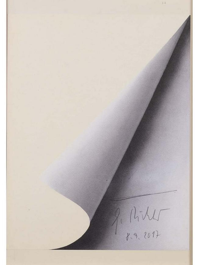 a different edition of richter's blattecke print of a curled sheet of paper, this specific example is signed and dated, 8.9.2017, but not numbered, because I think, it is taken out of a book, but richter apparently autographed it anyway? it did not sell at piasa in paris in 2019.