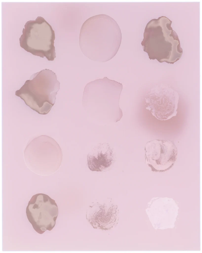 a silver gelatin photo, typically black and white, is here developed into a palette of pinks and browns by the lumen printing process. I think chemicals or substances used for perfume were applied in a grid of 4 x 3 spots, each interacting in a different way with the chemicals on the photo paper in a variety of ways. some are dark and fluid, some transparent, some two toned, some almost imperceptible. perhaps an experienced perfume photo maker will be able to determine the element from the type of mark it makes, but that is not me. one of several fragrance-based lumen prototypes by artists chris rusak and amelia konow.