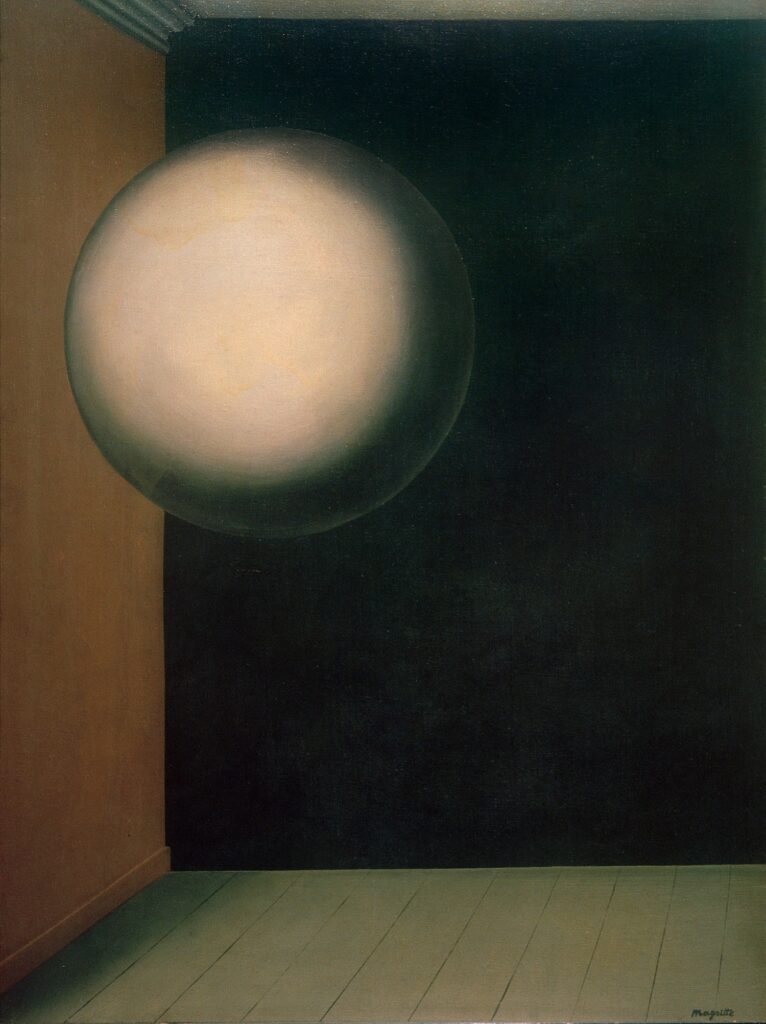 magritte painting from 1928 of a grey opaque orb floating about head height next to a tuscan orange wall on the left. a crown molding appears in a cropped section where the wall meets the ceiling, barely at the top edge of the painting, and a baseboard meets the wood plank floor, while what would seem to be the back wall is actually all black, whether it is a wall or a void seems intentionally unclear. the title is la vie secrète, but apparently magritte hated titling his works and outsourced it to his poet friends. so maybe don't overread it. anyway this painting is in the kunsthaus zurich