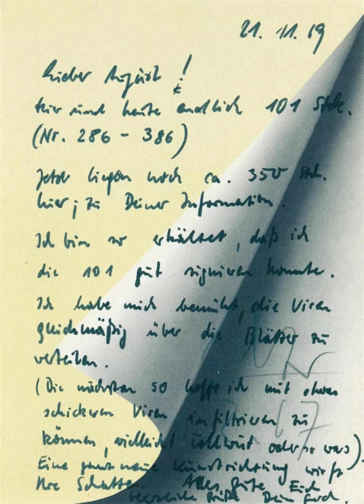 a blattecke print by gerhard richter depicting a painting of a curled corner of a sheet of paper, used by the artist as note paper in 1969. he wrote to his dealer august haseke that he was delivering 101 more signed copies of the edition, which were infected by his cold, which he tried to spread evenly across all the sheets. this sheet and one other used for notes were included in the auction of haseke's estate at lempertz in 2018, but did not sell.