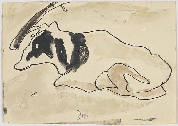 arthur dove drawing of a lounging cow, barely, just a single wobbly line tracking the basic outline, then a couple of spotty watercolor marks in beige and black to hint at form and some pattern. from the metropolitan museum