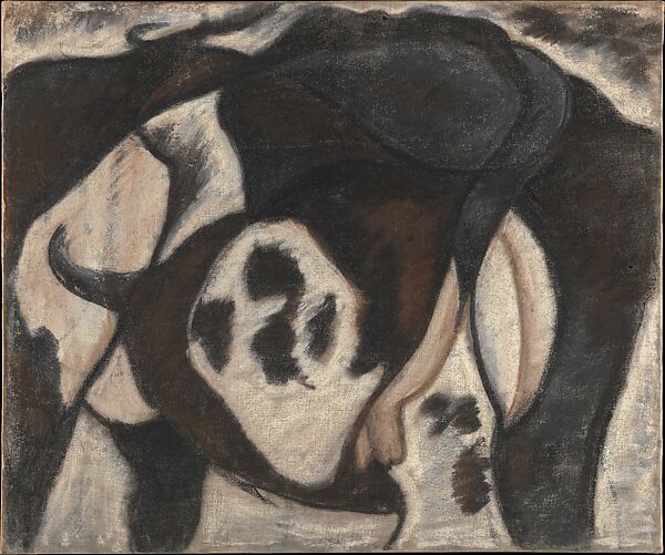 arthur dove's 1912 pastel work titled cow is a cubist, abstracted portrait tracing the shape of a cow from various perspectives: the head, the butt, tail and udders, a profile of the legs, most of the animal form is dark brown or black, with some sections white with black spots, the udders kind of peak out in the middle with more fleshy pink color. from the metropolitan museum