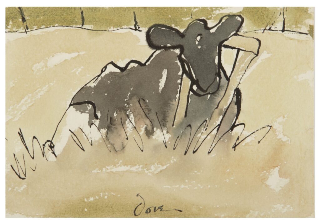 arthur dove watercolor and ink sketch of a black and white cow seated amidst some hastily scribbled grass, its head pointed straight at the artist, but eyes not depicted, just big ears. a stiffly folded collar of some kind pokes up around the cow's neck. the upright lines of perhaps a fence sit on the thinly drawn horizon. the 1937 picture was titled public enemy on the back, image via sothebys